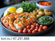 A delicious seafood dish that includes fried shrimp seasoned with spices and herbs. The dish is complemented by green and red olives, beans, lemon, fresh herbs and a sauce with cheese crumbles. In the distance, a small bowl of sliced ​​tomatoes can be seen. The composition looks very aesthetically pleasing and appetizing, decorated in a Mediterranean style. Стоковое AI-изображение, AI-художник Анна Кривицкая / Фотобанк Лори