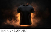 Black t-shirt mockup on dark smoke background, front view. Элегантная черная футболка прекрасно смотрится в атмосфере, наполненной дымом, что усиливает ее привлекательность. Стоковое AI-изображение, AI-художник Katsiaryna Repich / Фотобанк Лори