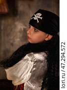 Young Girl Dressed as a Pirate, Ready for Adventure With Imagination and Dreams. Стоковое фото, фотограф Aleksandr Golubev / Фотобанк Лори