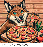 Койот с пиццей в лапах. Coyote with pizza in his paws. Стоковое AI-изображение, AI-художник Igor Murashko / Фотобанк Лори