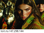 A young woman with piercing green eyes, wrapped in a colorful fabric with a pattern in shades of green and orange. Her skin glows in the sunlight, and her cheekbones are highlighted by a natural blush and shadows. Behind her, wolves with wary looks are visible, as if part of her retinue, as well as another figure, partially hidden in shadow. The atmosphere of the image conveys primal strength, wild nature and something magical, creating a sense of connection between man and the animal world. The color palette is saturated with warm shades, emphasizing naturalness and natural energy. Стоковое AI-изображение, AI-художник Анна Кривицкая / Фотобанк Лори
