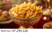 Golden fries served in a decorative bowl at a cozy restaurant. Золотистый картофель фри, поданный в декоративной миске в уютном ресторане. Стоковое AI-изображение, AI-художник Katsiaryna Repich / Фотобанк Лори