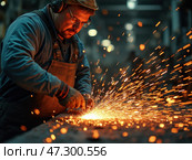 A Focused Metalworker Grinds Steel, Creating Sparks in a Busy Workshop at Dusk, Showcasing Craftsmanship and Skill in Action. Стоковое AI-изображение, AI-художник Sergey Grishin / Фотобанк Лори