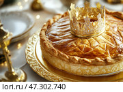Galette des rois or king cake. Traditional cake baked at Epiphany, celebration of the Twelfth Night after Christmas. Almond flaky pastry cake. Freshly baked homemade three king bread with a crown. Стоковое AI-изображение, AI-художник Марина Демидюк / Фотобанк Лори