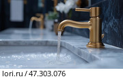 Elegant golden faucet pouring water into marble sink in stylish bathroom. Элегантный золотой кран льет воду в мраморную раковину в стильной ванной комнате. Стоковое AI-изображение, AI-художник Katsiaryna Repich / Фотобанк Лори