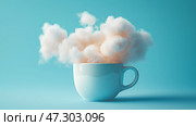 Creative coffee cup with cloud-like steam on a blue background. Креативная кофейная чашка с облаком, похожим на пар, на голубом фоне. Стоковое AI-изображение, AI-художник Katsiaryna Repich / Фотобанк Лори