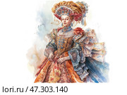 A woman in a luxurious historical dress, made in the style of the European aristocracy of the 18th century. Her dress is richly decorated with complex patterns, lace and ribbons, and puffy sleeves with multi-layered ruffles are visible on her shoulders. On her head she has a majestic headdress with feathers, beads and precious stones, which emphasizes her status and wealth. The image of the woman conveys grace and dignity, and the watercolor painting technique gives the picture lightness and airiness. The color palette includes warm golden, brown, blue and cream shades. Стоковое AI-изображение, AI-художник Анна Кривицкая / Фотобанк Лори