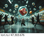 Шринкфляция, упаковки продуктов становятся лёгкими, как мыльные пузыри. Стоковое AI-изображение, AI-художник Эссе / Фотобанк Лори