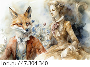 A romantic scene in the style of watercolor painting with elements of surrealism and retro aesthetics. A woman in a rococo dress with lace and bows sits in an elegant pose against a background of exquisite furniture. Opposite her is an anthropomorphic fox dressed in a classic 19th century suit: a brown tailcoat, waistcoat, white collar and tie. The fox looks sly, with a slight smile, as if she is having a sophisticated conversation. The background is done in soft, muted tones with floral motifs, which gives the image a fairy-tale and dreamy feel. Стоковое AI-изображение, AI-художник Анна Кривицкая / Фотобанк Лори