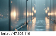 Misty corridor with glimmering lights reflecting on water at dusk creates an enchanting atmosphere of tranquility. Стоковое AI-изображение, AI-художник Сергей Толмачёв / Фотобанк Лори