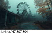 View of an abandoned amusement with a rusting Ferris wheel surrounded by fog. Вид на заброшенный аттракцион с ржавеющим колесом обозрения в окружении тумана. Стоковое AI-изображение, AI-художник Katsiaryna Repich / Фотобанк Лори