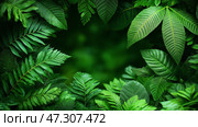 Lush green foliage creating a natural frame in a verdant environment. Пышная зеленая листва создает естественную рамку в окружении зелени. Стоковое AI-изображение, AI-художник Katsiaryna Repich / Фотобанк Лори