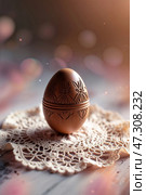 Beautifully carved decorative egg on a lace doily, surrounded by soft glowing lights. Стоковое AI-изображение, AI-художник Сергей Толмачёв / Фотобанк Лори