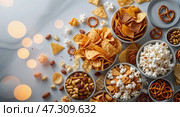 Colorful assortment of snacks arranged on a light surface for a gathering with family or friends. Стоковое AI-изображение, AI-художник Сергей Толмачёв / Фотобанк Лори