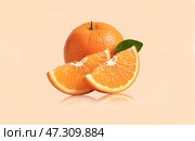 Fresh juicy orange fruit with two slices isolated on pastel background with green leaf reflection healthy food vitamin citrus ripe organic sweet natural. Стоковое фото, фотограф Павел Муравьев / Фотобанк Лори