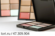 Makeup concealer palette with various colors, professional cosmetic kit, skin tone correction, beauty product, foundation set, open compact case, close-up. Стоковое фото, фотограф Павел Муравьев / Фотобанк Лори