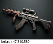 A Modern Assault Rifle With Tactical Accessories Displayed on a Dark Background Showcasing Its Design and Features. Стоковое AI-изображение, AI-художник Sergey Grishin / Фотобанк Лори