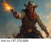 A Rugged Cowboy Draws His Revolver, Firing a Shot Into the Sky at Sunset in a Dramatic Display of Western Culture. Стоковое AI-изображение, AI-художник Sergey Grishin / Фотобанк Лори