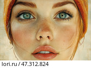 A bright and lively portrait of a young girl, done in the style of a realistic illustration or watercolor painting. Her face is in close-up: expressive bluish-green eyes with highlights, freckles on her nose and cheeks, soft blush, natural lips with a slight shine. The girl wears an orange hat, from under which strands of light-red hair are sticking out. Her gaze is direct, open, a little thoughtful, as if she is watching something important that has yet to happen. The image is fresh, inspiring and filled with a sense of the future. Стоковое AI-изображение, AI-художник Анна Кривицкая / Фотобанк Лори
