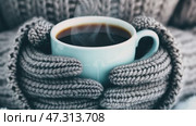 Gloved hands gently cradling a steaming cup of aromatic coffee outdoors. Warm cozy winter scene. Hot Mug of beverage in the wool mittens closeup. Warming drink at cold weather. Hike, camping concept. Стоковое AI-видео, аниматор Марина Демидюк / Фотобанк Лори