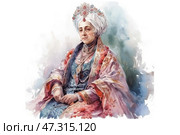 A watercolor portrait of an elderly woman in traditional Russian or oriental costume. Her outfit is rich and multi-layered: she is wearing a patterned dress with a velvet texture, an embroidered cape and many decorations - necklaces, brooches, earrings. The headdress resembles a kokoshnik or turban decorated with jewelry. The woman sits with dignity, her gaze is calm and wise, and her pose is solemn. The painting is done in soft pastel colors with smooth watercolor transitions, which gives the image nobility and a slight nostalgic aura. Стоковое AI-изображение, AI-художник Анна Кривицкая / Фотобанк Лори