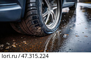 Car tire punctured and flat on a wet road, with dirt and debris clinging to the rim and rubber surface. Стоковое AI-изображение, AI-художник Ольга Сухарева / Фотобанк Лори