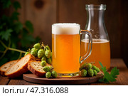 Still life with kvass, rye bread on a wooden background. Стоковое AI-изображение, AI-художник Марина Володько / Фотобанк Лори