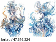 Two graceful female figures, depicted in a fantasy manner, reminiscent of a watercolor illustration with elements of Art Nouveau and surrealism. Both women seem to be embodiments of the elements of nature - water and air. Their outfits and hairstyles are intertwined with waves, drops, flowers, feathers and branches. The lines are smooth, flowing, creating a sense of movement and grace. The color scheme is dominated by cold shades: blue, turquoise, silver, with light splashes of warm beige and peach tones. The images are filled with mythology, beauty and subtle femininity. Стоковое AI-изображение, AI-художник Анна Кривицкая / Фотобанк Лори