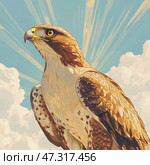 A majestic eagle (or hawk), depicted in a stylized artistic manner. The bird proudly looks forward and upward, as a symbol of strength, freedom and insight. In the background there is a blue sky with rays of light diverging from the bird's head, and soft clouds, creating an atmosphere of sublimity and inspiration. The image of the eagle seems to call upward - to a clear future, to personal flight and overcoming any heights. Стоковое AI-изображение, AI-художник Анна Кривицкая / Фотобанк Лори
