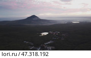 Russia, Stavropol Territory, the city of Zheleznovodsk September 29 2022, Panoramic review from Quadro copter of surroundings of city of Zheleznovodsk in early morning. Редакционное видео, видеограф Скрипачев Антон / Фотобанк Лори