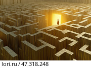 An illustration of a man who has reached the center of a maze with a glowing room. Стоковое AI-изображение, AI-художник Алексей Кузнецов / Фотобанк Лори