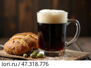 Still life with kvass, rye bread on a wooden background. Стоковое AI-изображение, AI-художник Марина Володько / Фотобанк Лори