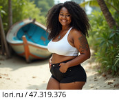 Black woman stands joyfully on sandy beach, smiling at camera while wearing fitted white top and black shorts. Tropical foliage and boat enrich scene. Tattooed female body positivity, size plus model. Стоковое AI-изображение, AI-художник Sergey Grishin / Фотобанк Лори