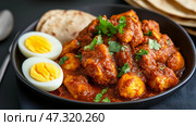 Deliciously spicy Ethiopian doro wat served with injera bread and boiled eggs garnished with fresh herbs. Стоковое AI-изображение, AI-художник 123 12 / Фотобанк Лори