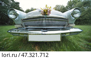 Vintage volga sedan adorned with blossoms, resting on verdant lawn during wedding preparations. Стоковое фото, фотограф Mikhail Davidovich / Фотобанк Лори