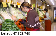 Adult man seller puts bell peppers on display. Стоковое видео, видеограф Яков Филимонов / Фотобанк Лори