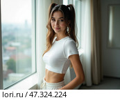A young woman with long ponytails stands by a large window, smiling softly while wearing a fitted white top and light shorts. The bright daylight fills the room. Стоковое AI-изображение, AI-художник Sergey Grishin / Фотобанк Лори