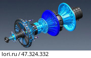 Engineering innovation featuring CAD systems and advanced 3D modeling showcasing turbine engine technology mechanical design industrial development aerospace scientific research. Стоковое AI-изображение, AI-художник Павел Муравьев / Фотобанк Лори