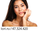 Closeup portrait beautiful woman, glowing skin, smooth complexion, natural beauty, soft lips, healthy glow, skincare concept, self-care, spa treatment, facial care. Стоковое AI-изображение, AI-художник Павел Муравьев / Фотобанк Лори