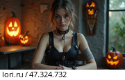 A young tattooed woman sits confidently at a table, dressed in a black leather harness, surrounded by creatively carved jack-o\'-lanterns glowing warmly in the background. Стоковое AI-изображение, AI-художник Sergey Grishin / Фотобанк Лори