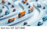 Trucks navigate a winding road on a miniature landscape in broad daylight. Миниатюрные грузовики разных цветов едут по извилистой дороге в детально проработанном ландшафте. Яркое освещение подчеркивает яркие цвета автомобилей и декораций. Стоковое AI-изображение, AI-художник Katsiaryna Repich / Фотобанк Лори