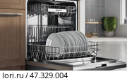Dishwasher inside beautiful kitchen with white used dishes that prepared to wash. Electronic dish washer device in modern kitchen with white table top or cabinet and space. Housekeeping concept. Стоковое AI-видео, аниматор Sergey Grishin / Фотобанк Лори