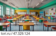 Empty sunny classroom with chairs under desks in elementary school. School during vacation or holidays, A teaching classroom without student during term break or the end of semester in kindergarten. Стоковое AI-видео, аниматор Sergey Grishin / Фотобанк Лори