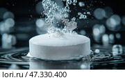Bubbles rise as a tablet dissolves in water creating an interesting visual. Во время растворения таблетки в воде поднимаются пузырьки, создавая интересный визуальный эффект. Стоковое AI-изображение, AI-художник Katsiaryna Repich / Фотобанк Лори