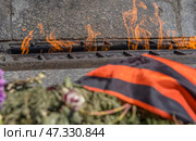 Fragment of the memorial composition: in the foreground is the St. George ribbon with its characteristic black and orange stripes, lying on flowers and fir branches. In the background is the eternal flame, a symbol of memory, respect and sorrow. The fire burns with living tongues of flame, reflected in the metal and stone of the memorial. The entire image is permeated with a solemn, solemn atmosphere, recalling the feat, sacrifice and the need to preserve historical memory for the sake of the future. Стоковое фото, фотограф Анна Кривицкая / Фотобанк Лори