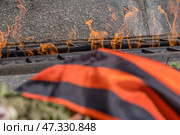 Fragment of the memorial composition: in the foreground is the St. George ribbon with its characteristic black and orange stripes, lying on flowers and fir branches. In the background is the eternal flame, a symbol of memory, respect and sorrow. The fire burns with living tongues of flame, reflected in the metal and stone of the memorial. The entire image is permeated with a solemn, solemn atmosphere, recalling the feat, sacrifice and the need to preserve historical memory for the sake of the future. Стоковое фото, фотограф Анна Кривицкая / Фотобанк Лори
