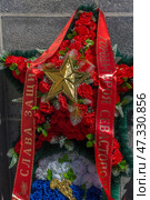 A funeral wreath in the form of a red five-pointed star, decorated with red carnations and a gold star in the center. Below, in the rectangular part of the composition, is the tricolor - the flag of the Russian Federation (white, blue, red), complemented by a decorative gold branch. The wreath is decorated with a green spruce ribbon and red mourning ribbons with the inscriptions:"Glory to the defenders" and "Hero City of Sevastopol".The composition speaks of deep respect for the fallen, the memory of heroism, patriotism and symbolizes the connection between generations. The wreath is installed near the memorial wall made of gray granite, which emphasizes the solemnity of the moment. Стоковое фото, фотограф Анна Кривицкая / Фотобанк Лори