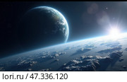 The image reveals a stunning perspective of Earth from space, highlighting the planet\'s curvature and the sun rising on the horizon, casting light over the surface. Стоковое AI-изображение, AI-художник Sergey Grishin / Фотобанк Лори