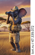 Anthropomorphic elephant tourist takes pictures on savanna. Стоковое AI-видео, аниматор Михаил Николаев / Фотобанк Лори
