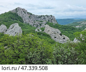 A powerful and inspiring landscape of the Crimean Temple of the Sun, one of the most mysterious and sacred places on the peninsula. In the foreground, protruding white stone blocks are visible, surrounded by dense forest, and in the center is the majestic rock massif of Mount Ilyas-Kaya. These natural stone obelisks seem to be specially arranged in a circle, forming a mystical composition. Majestic forms, immersed in greenery, create a sense of ancient cult, harmony and natural power. Стоковое фото, фотограф Анна Кривицкая / Фотобанк Лори
